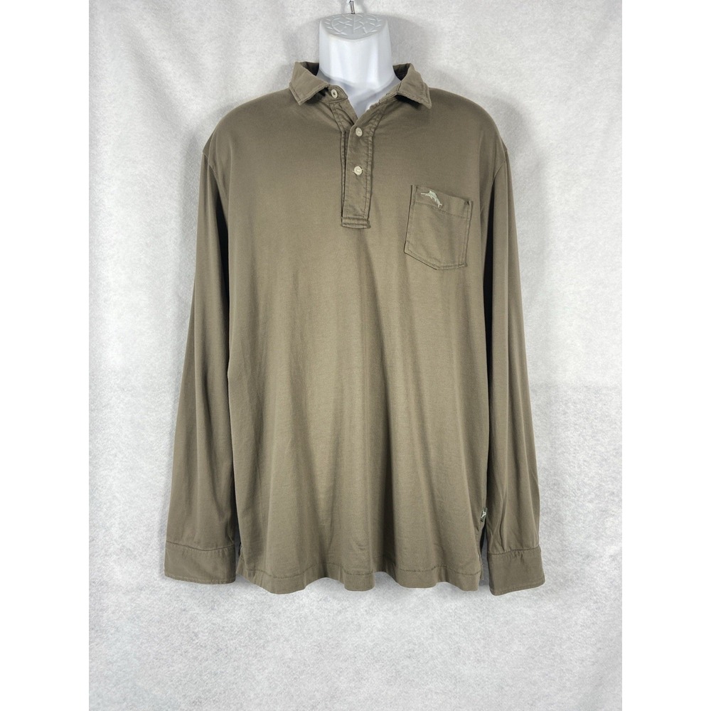 Tommy Bahama Relax Polo Shirt Men's Large Olive Green Long Sleeve Safari Cotton